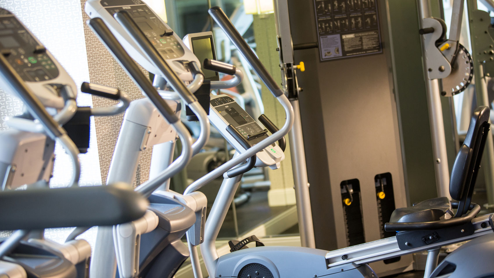 fitness equipment lined up in a gym